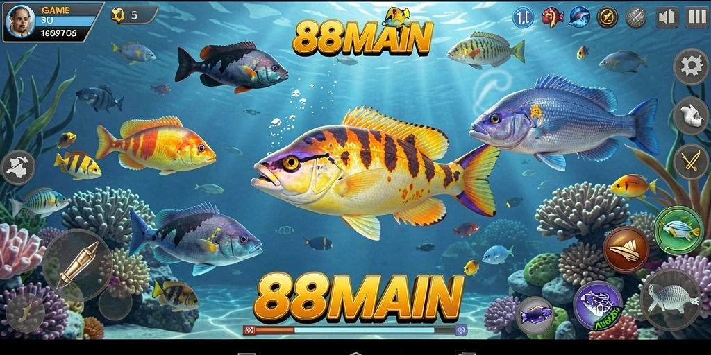 Tampilan gameplay 88MAIN yang seru saat menembak ikan.