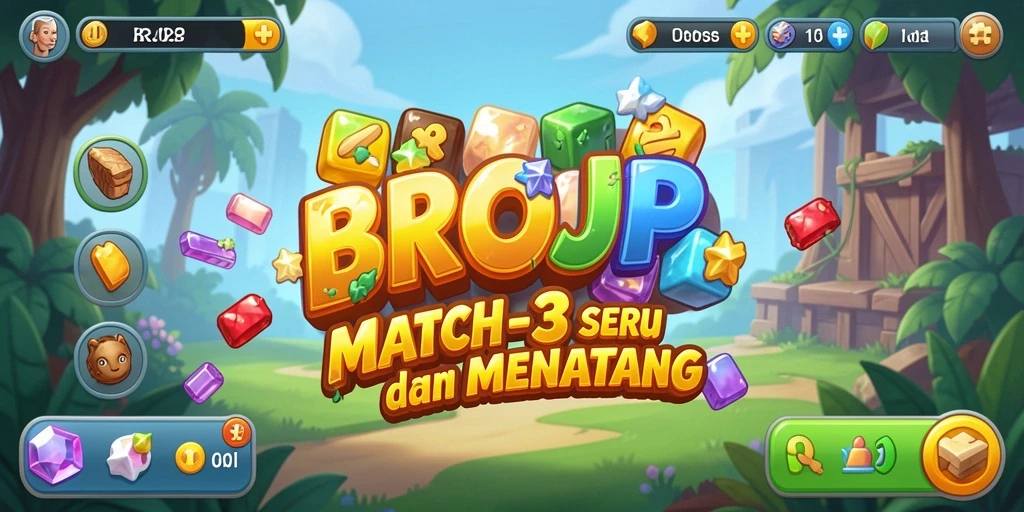 Tampilan gameplay <strong>BROJP</strong> yang seru dan penuh warna dalam permainan Match-3.
