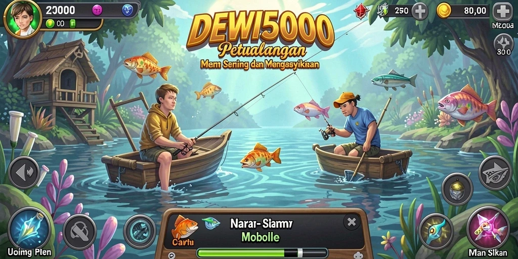 Tampilan gameplay DEWI5000 yang menakjubkan saat pemain memancing.