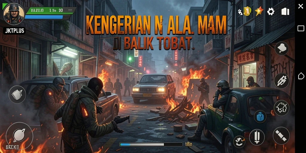 Screenshot gameplay <strong>JKTPLUS</strong> menampilkan suasana mencekam dalam menjelajahi lingkungan gelap.