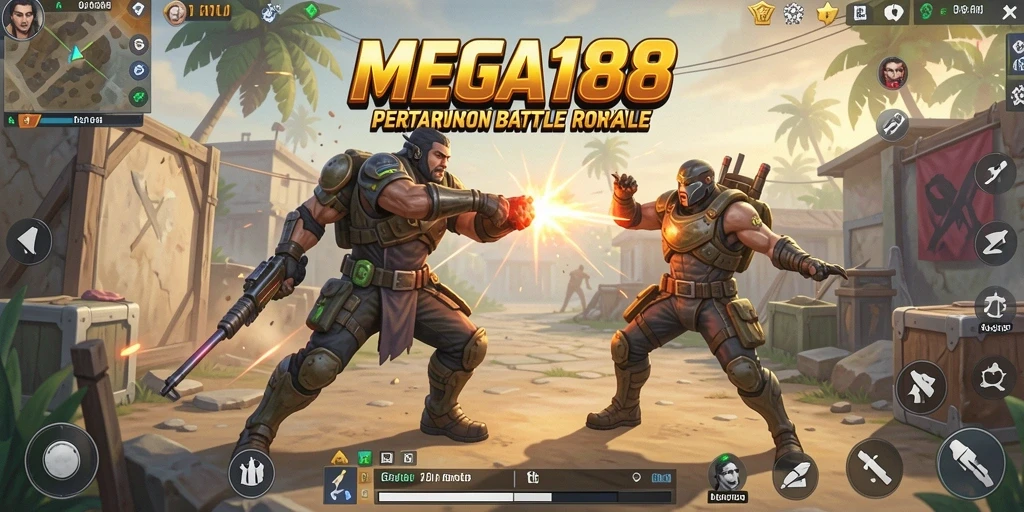 Screenshot gameplay MEGA188 menampilkan pertarungan Battle Royale yang seru.