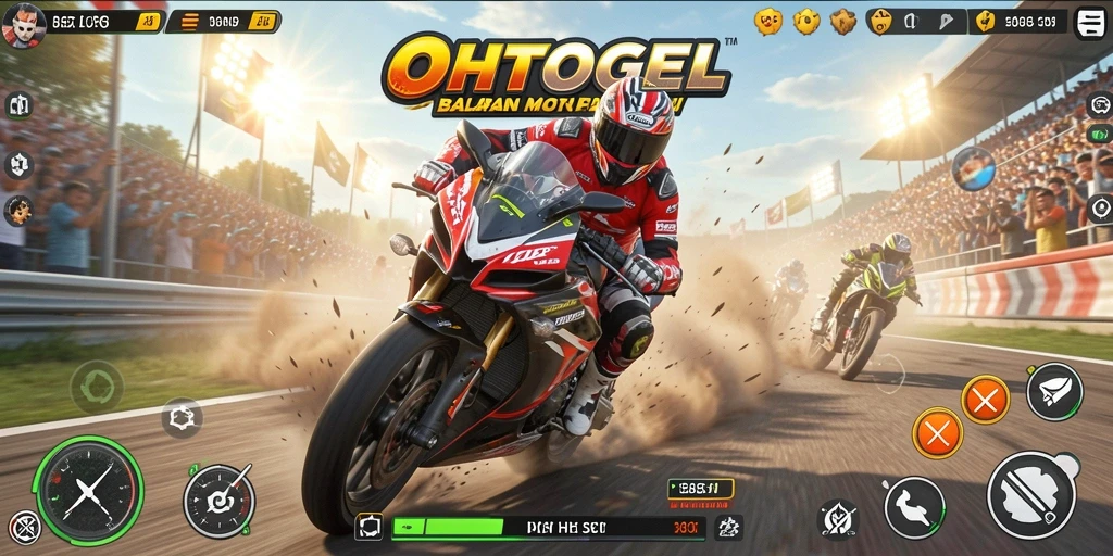 Tampilan gameplay OHTOGEL menampilkan aksi balapan motor yang mendebarkan.