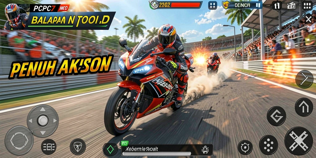 Screenshot gameplay PCPC7 yang menampilkan balapan motor yang seru.