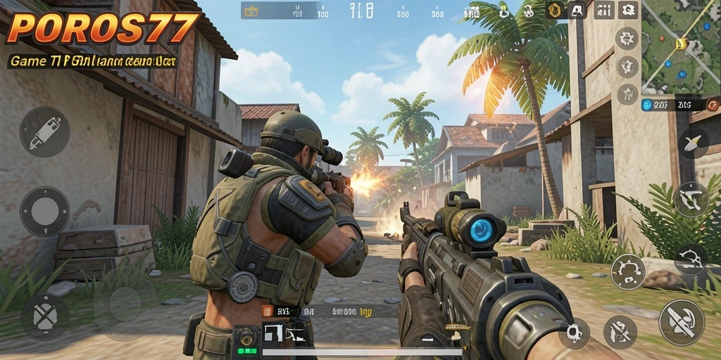 Screenshot gameplay POROS77 yang menampilkan aksi bersemangat dalam pertempuran TPS.