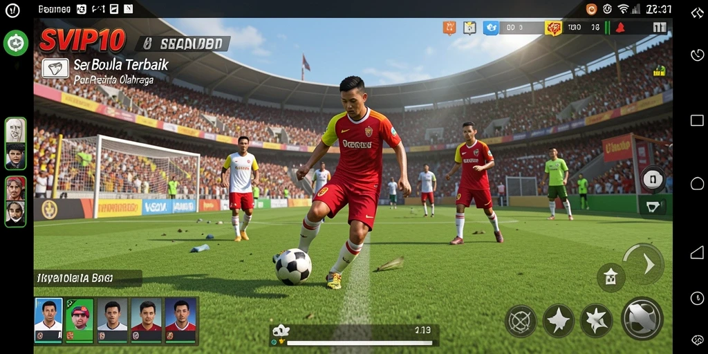 Screenshot gameplay SVIP10 yang menunjukkan aksi pertandingan sepak bola yang mendebarkan.